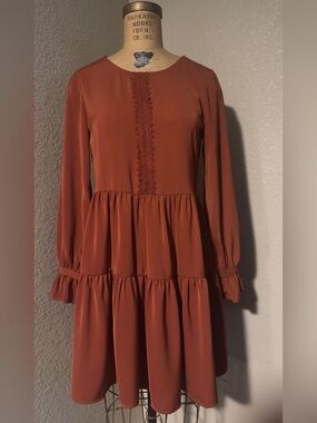 Molly Bracken Rust Long-Sleeve Tiered Midi Dress